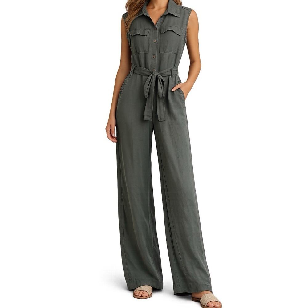 Zahara Linen Blend Utility Jumpsuit M Medium Gray Sleeveless Belted Wide Leg